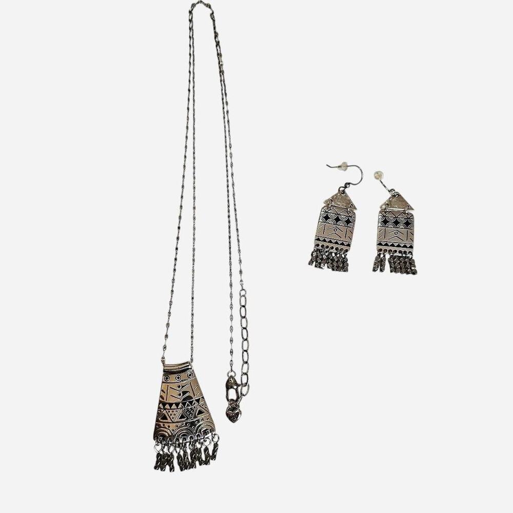 Vintage Brighton Tribal Boho Etched Pendant Necklace & Drop Earring Set